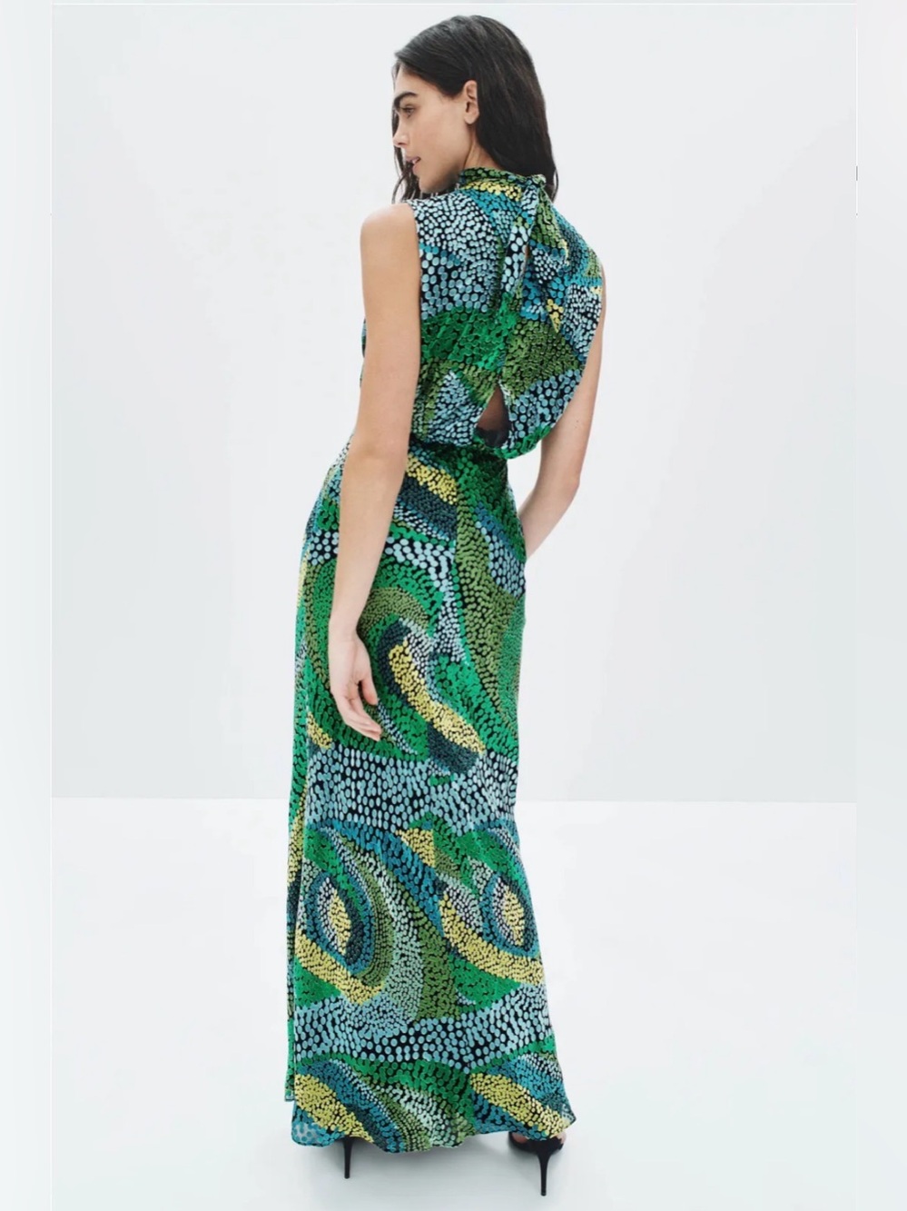 SALONI Fleur Dot Print Dress Sleeveless High-Neck Green Patterned Maxi US 12 - Picture 5 of 17